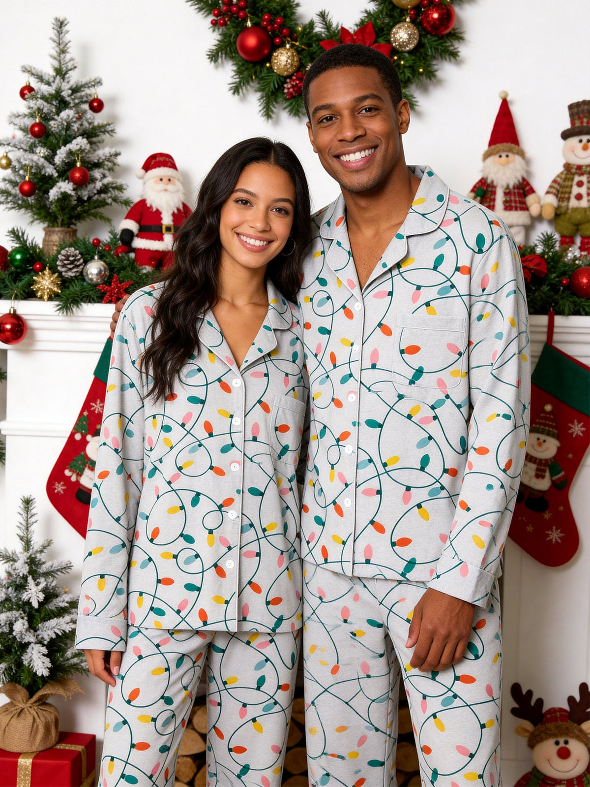 Christmas Family Pajamas 2-Piece Button-Down Long Sleeve Long Pants with Pocket - Colorful Christmas String Lights Print