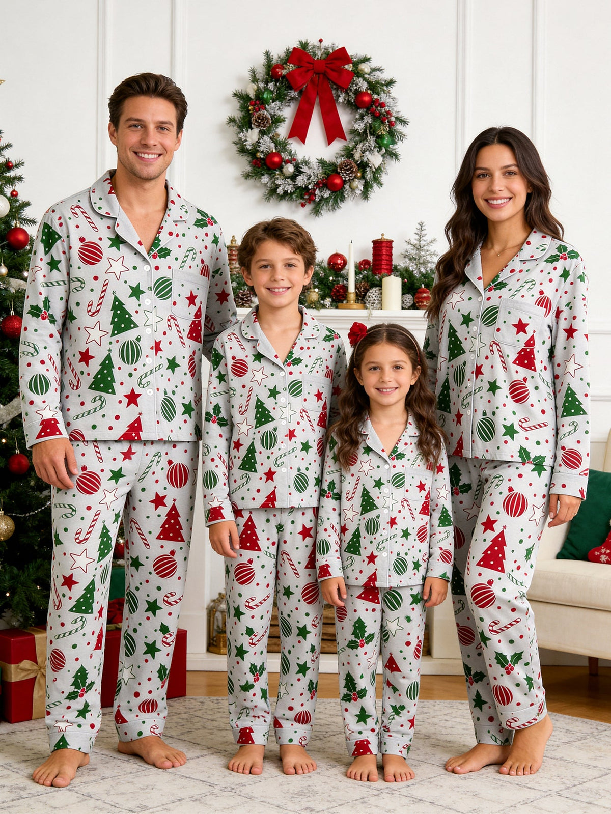 Holiday Family Pajamas Two-Piece Button-Front Long Sleeve Long Pants with Pocket - Red & Green Christmas Tree Print