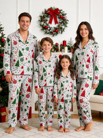 Holiday Family Pajamas Two-Piece Button-Front Long Sleeve Long Pants with Pocket - Red & Green Christmas Tree Print