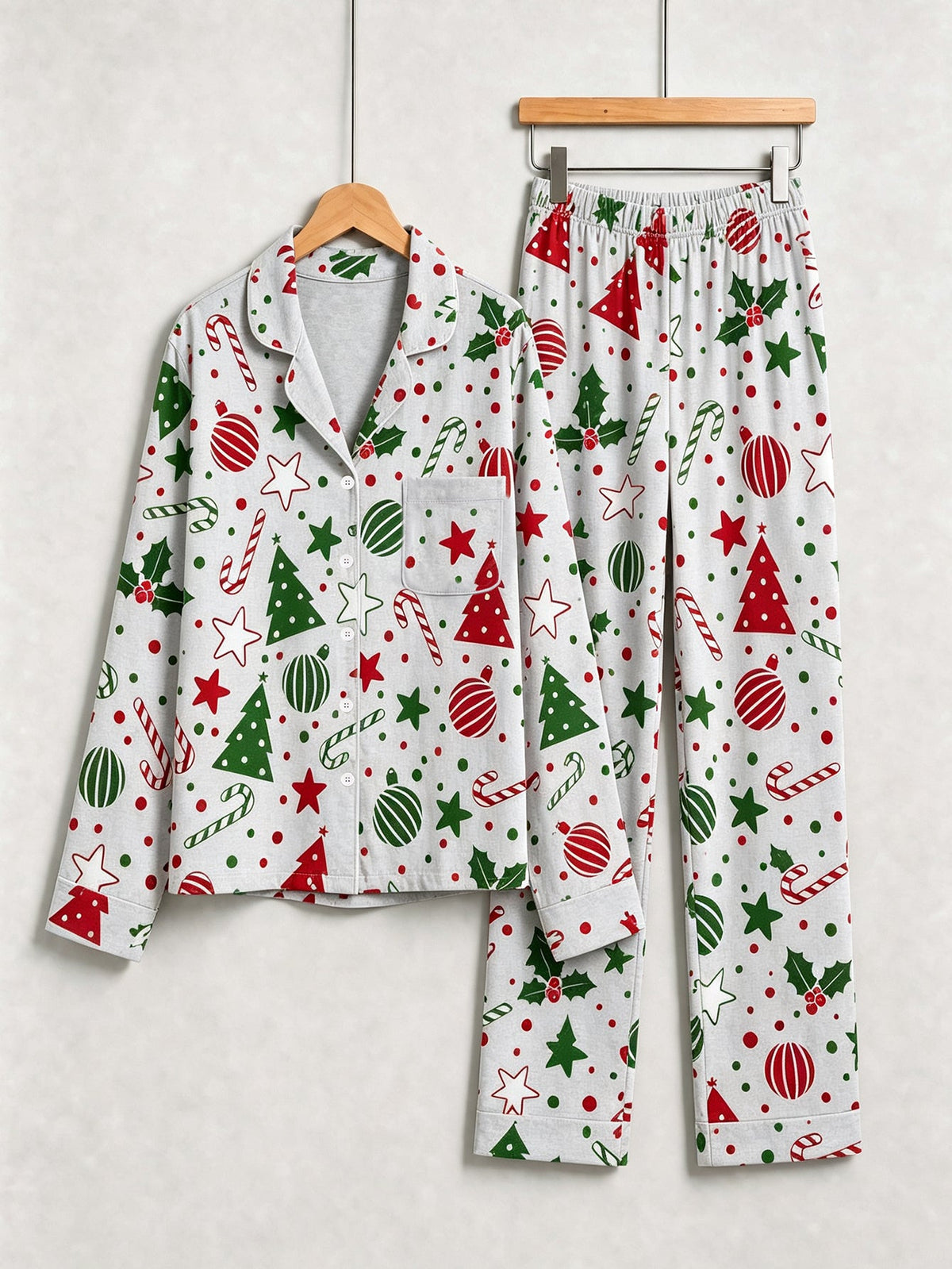 Holiday Family Pajamas Two-Piece Button-Front Long Sleeve Long Pants with Pocket - Red & Green Christmas Tree Print