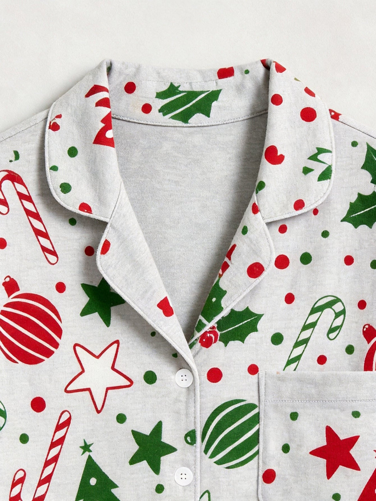Holiday Family Pajamas Two-Piece Button-Front Long Sleeve Long Pants with Pocket - Red & Green Christmas Tree Print