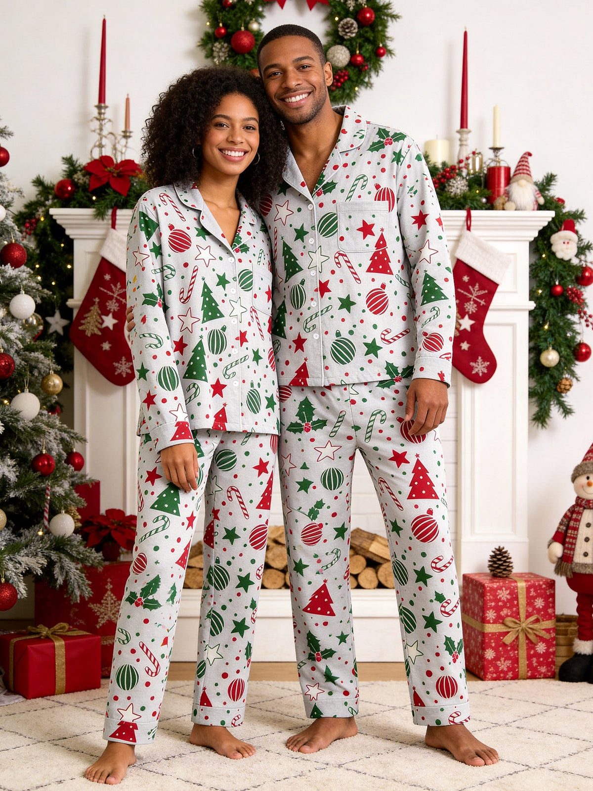 Holiday Family Pajamas Two-Piece Button-Front Long Sleeve Long Pants with Pocket - Red & Green Christmas Tree Print