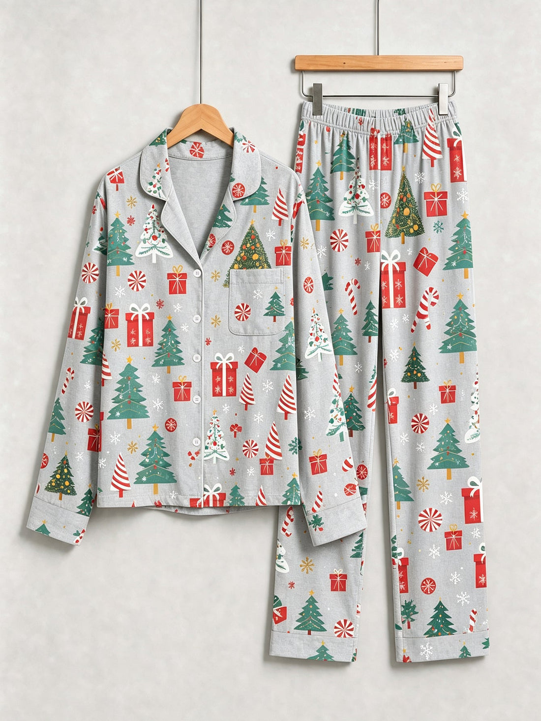 Christmas Family Sleepwear 2-Piece Button-Down Long Sleeve Long Pants with Pocket - Christmas Tree & Gift Box Print