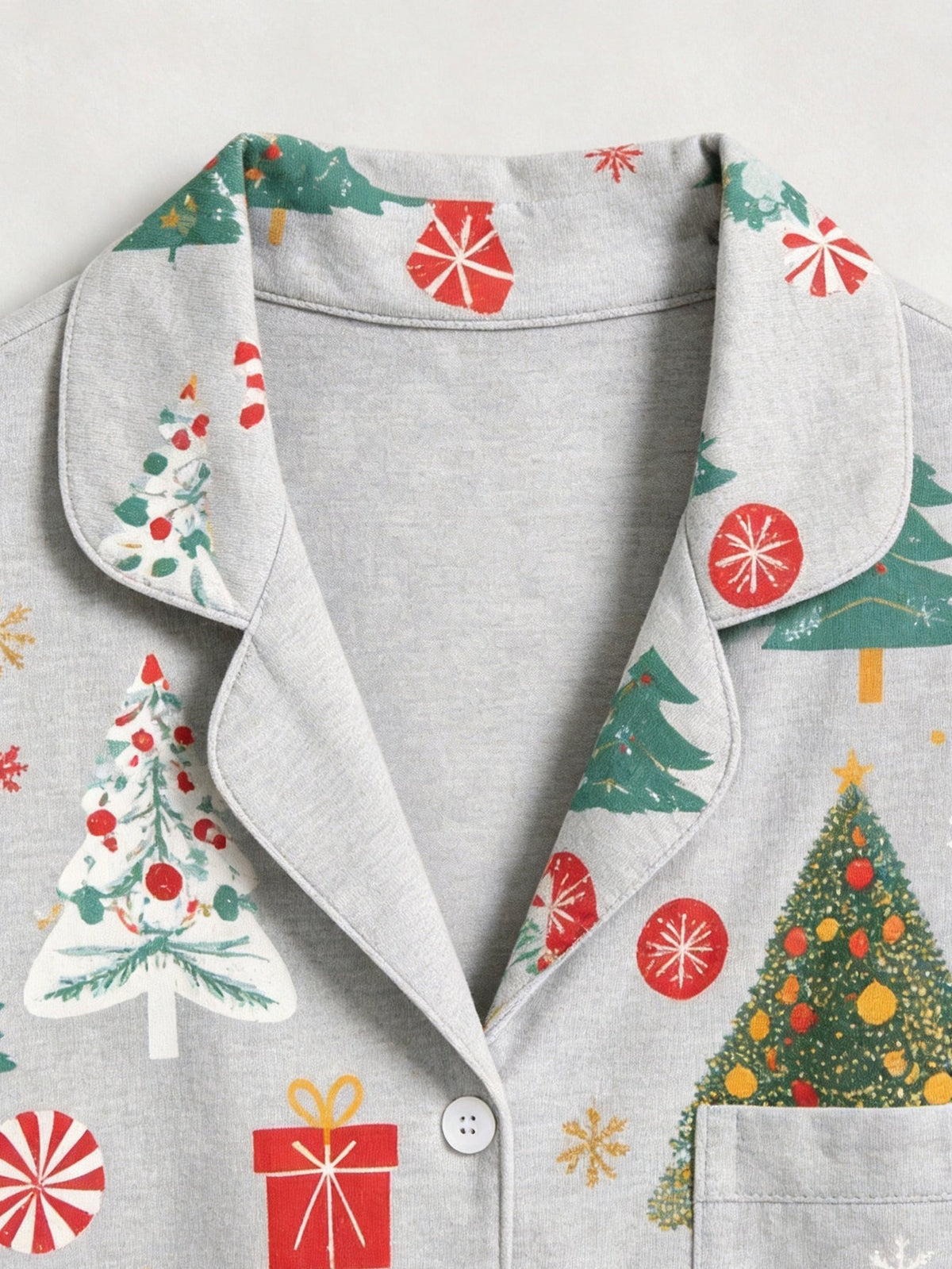 Christmas Family Sleepwear 2-Piece Button-Down Long Sleeve Long Pants with Pocket - Christmas Tree & Gift Box Print