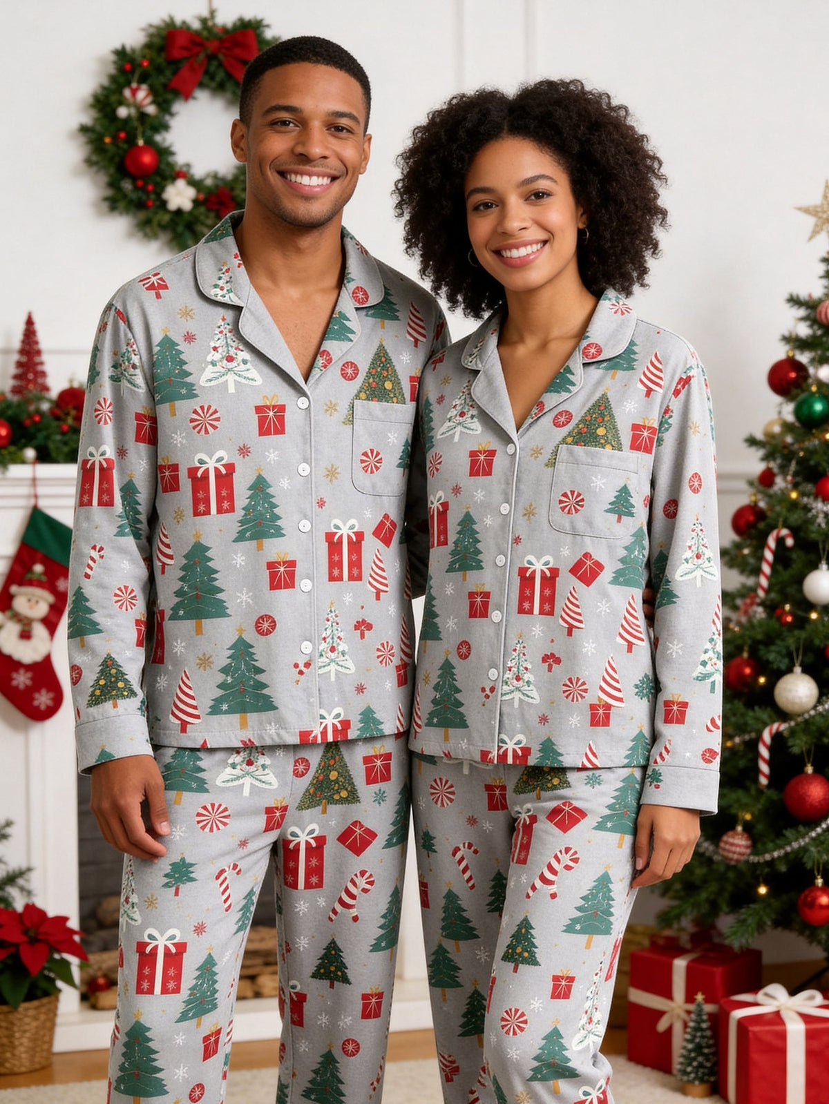 Christmas Family Sleepwear 2-Piece Button-Down Long Sleeve Long Pants with Pocket - Christmas Tree & Gift Box Print