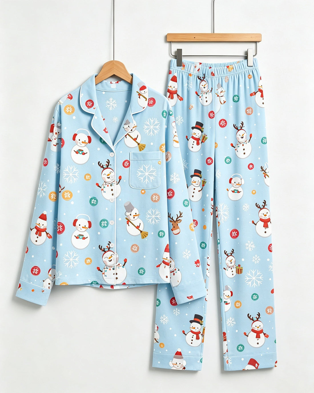 Matching Couple Christmas Pajamas - Light Blue Cute Snowman & Reindeer Button-Down Sleep Set