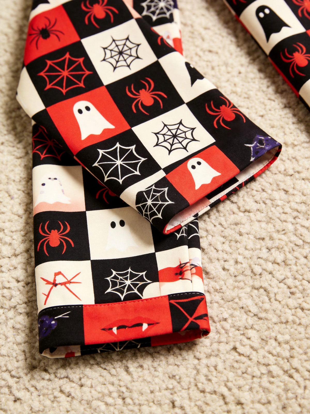 Matching Couple Halloween Pajamas - Red & Black Checkered Ghost & Spiderweb Button-Down Set