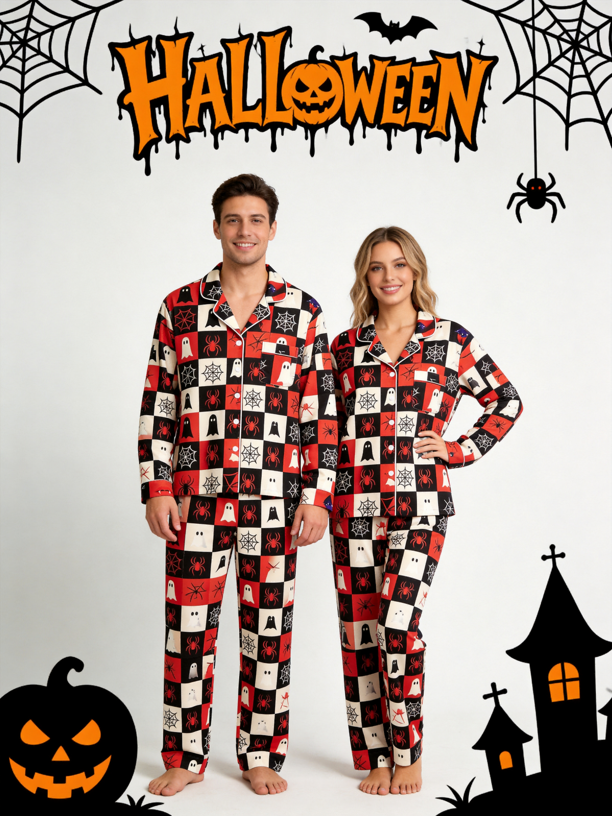 Matching Couple Halloween Pajamas - Red & Black Checkered Ghost & Spiderweb Button-Down Set