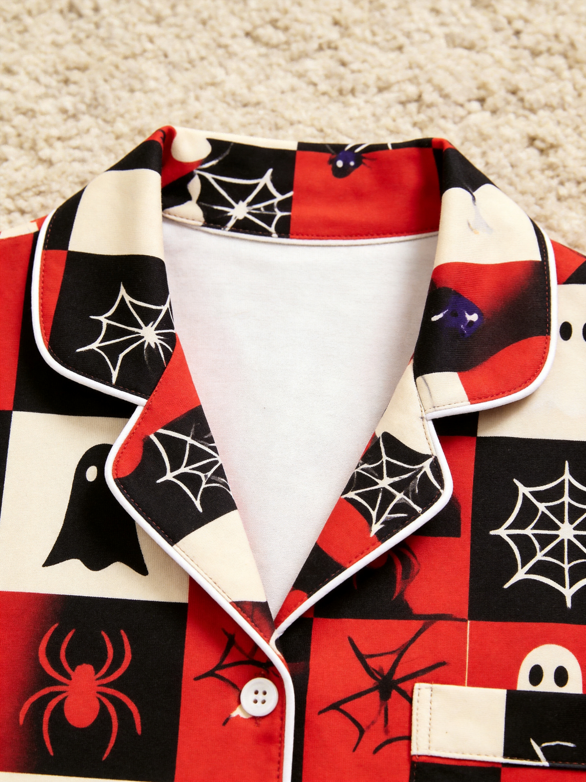Matching Couple Halloween Pajamas - Red & Black Checkered Ghost & Spiderweb Button-Down Set