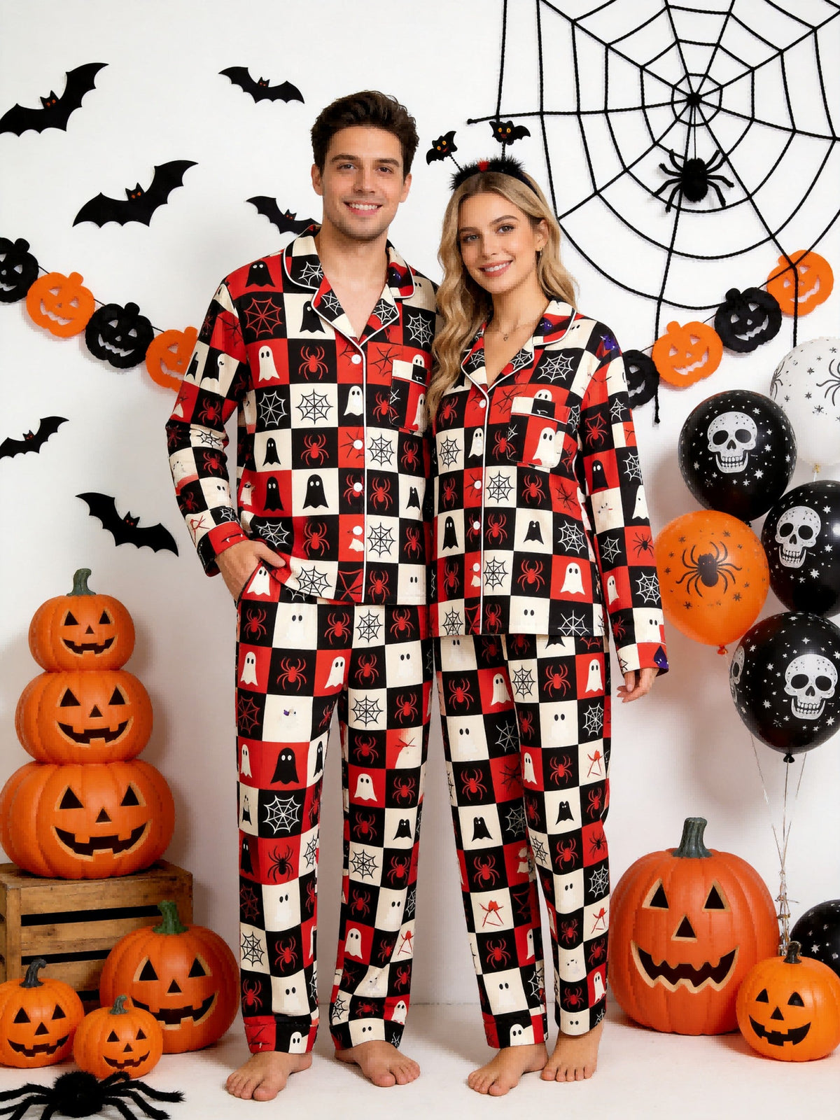 Matching Family Halloween Pajamas - Red & Black Checkered Ghost & Spiderweb Button-Down Set