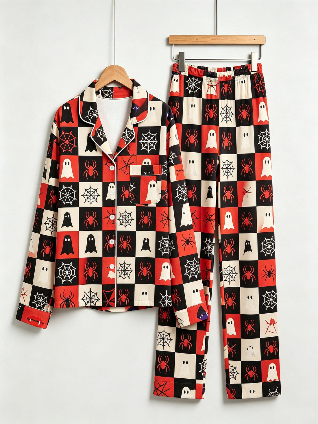 Matching Couple Halloween Pajamas - Red & Black Checkered Ghost & Spiderweb Button-Down Set