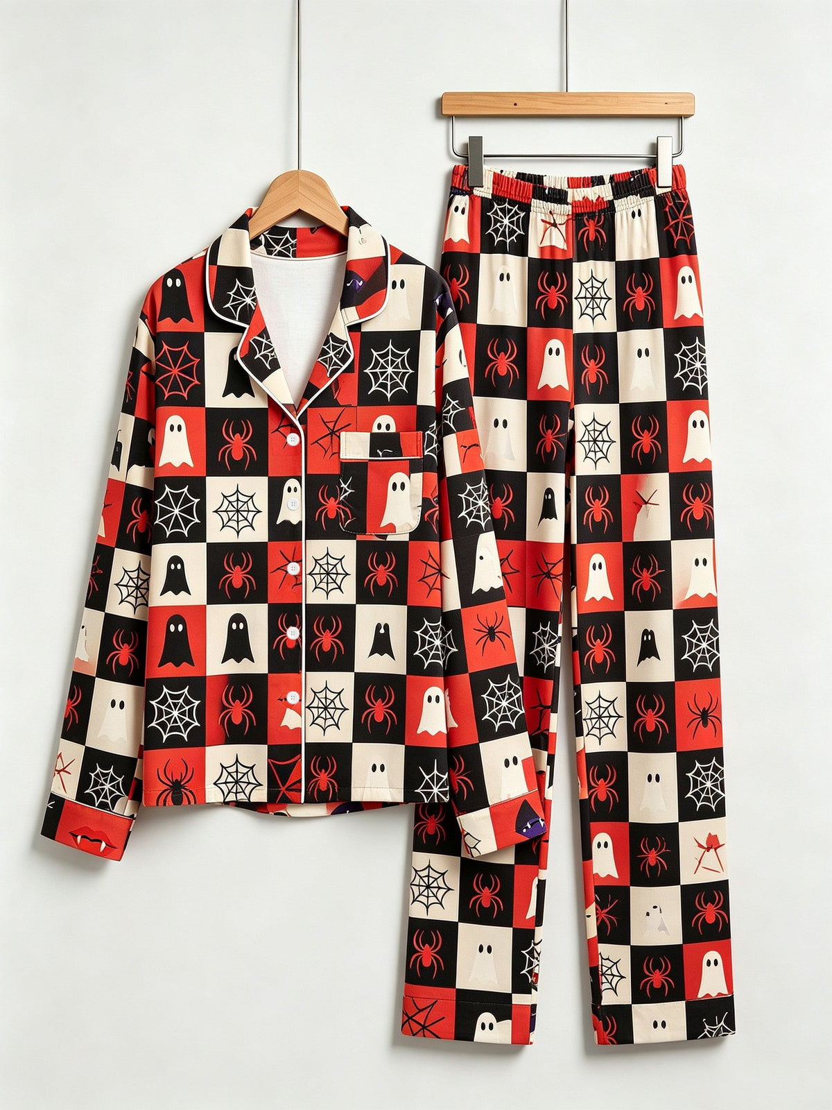 Matching Couple Halloween Pajamas - Red & Black Checkered Ghost & Spiderweb Button-Down Set