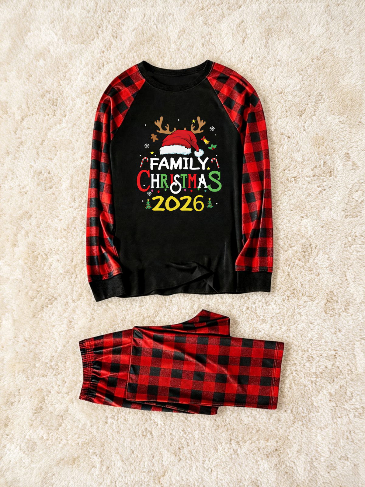 2026 Family Christmas Matching Pajamas Set, Buffalo Plaid Raglan Long Sleeve Top With Print, Pants With Pockets Holiday Sleepwear