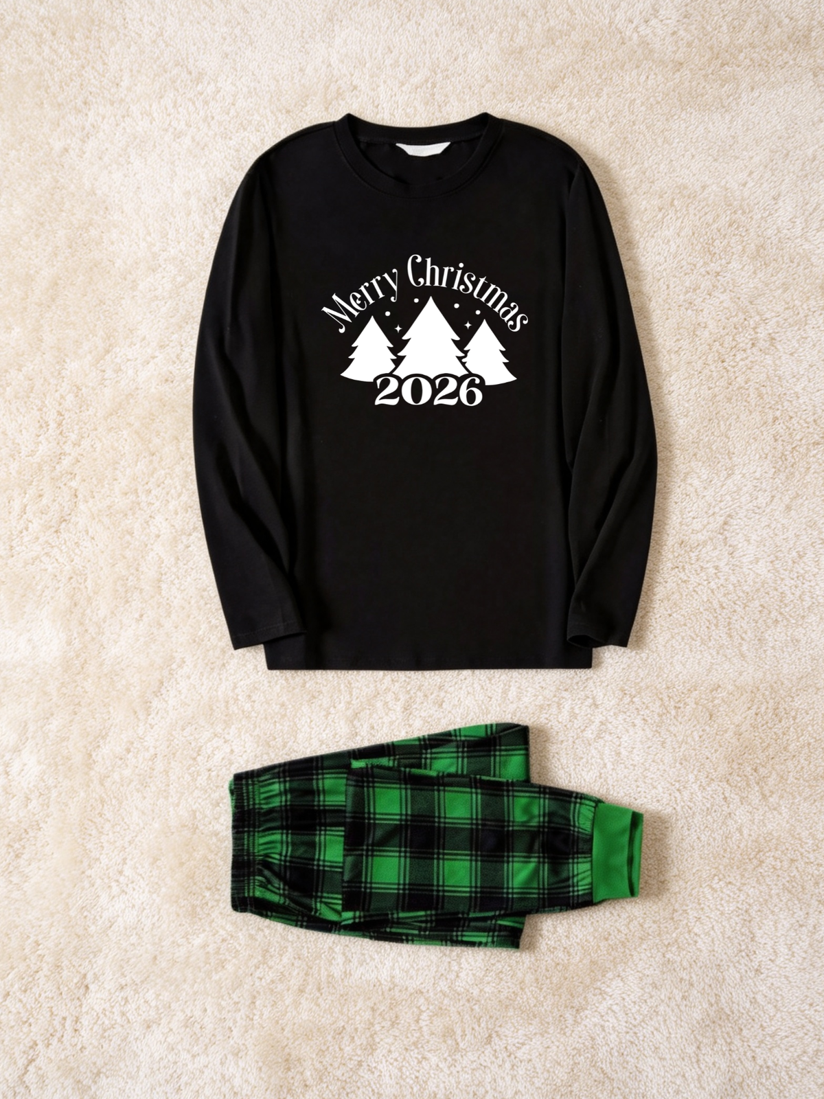 2-Piece Family Matching Christmas PJ Sets, 2026 Merry Christmas Tree Print Black Long Sleeve Top, Green Plaid Pants With Pockets, Matching Outfit For The Whole Family Holiday Photos