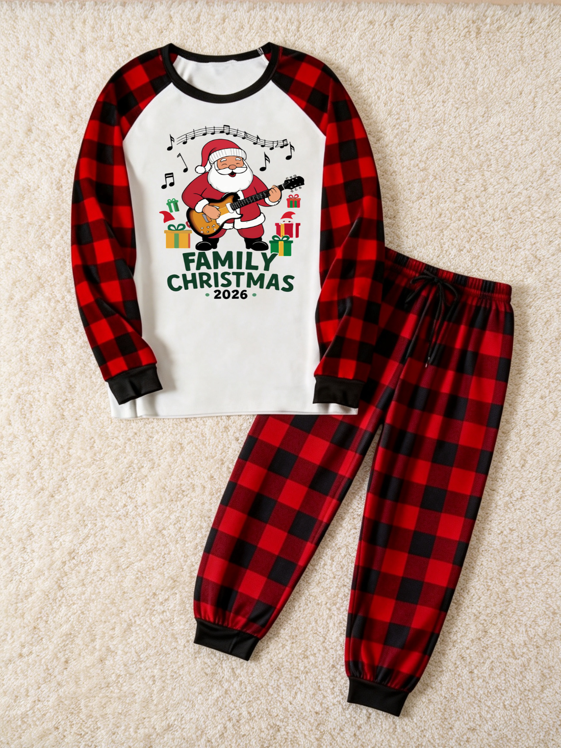 2026 Family Christmas Matching Pajamas Set, Guitar Santa Print Raglan Long Sleeve Top, Red Buffalo Plaid Jogger Pants With Pockets Holiday Sleepwear