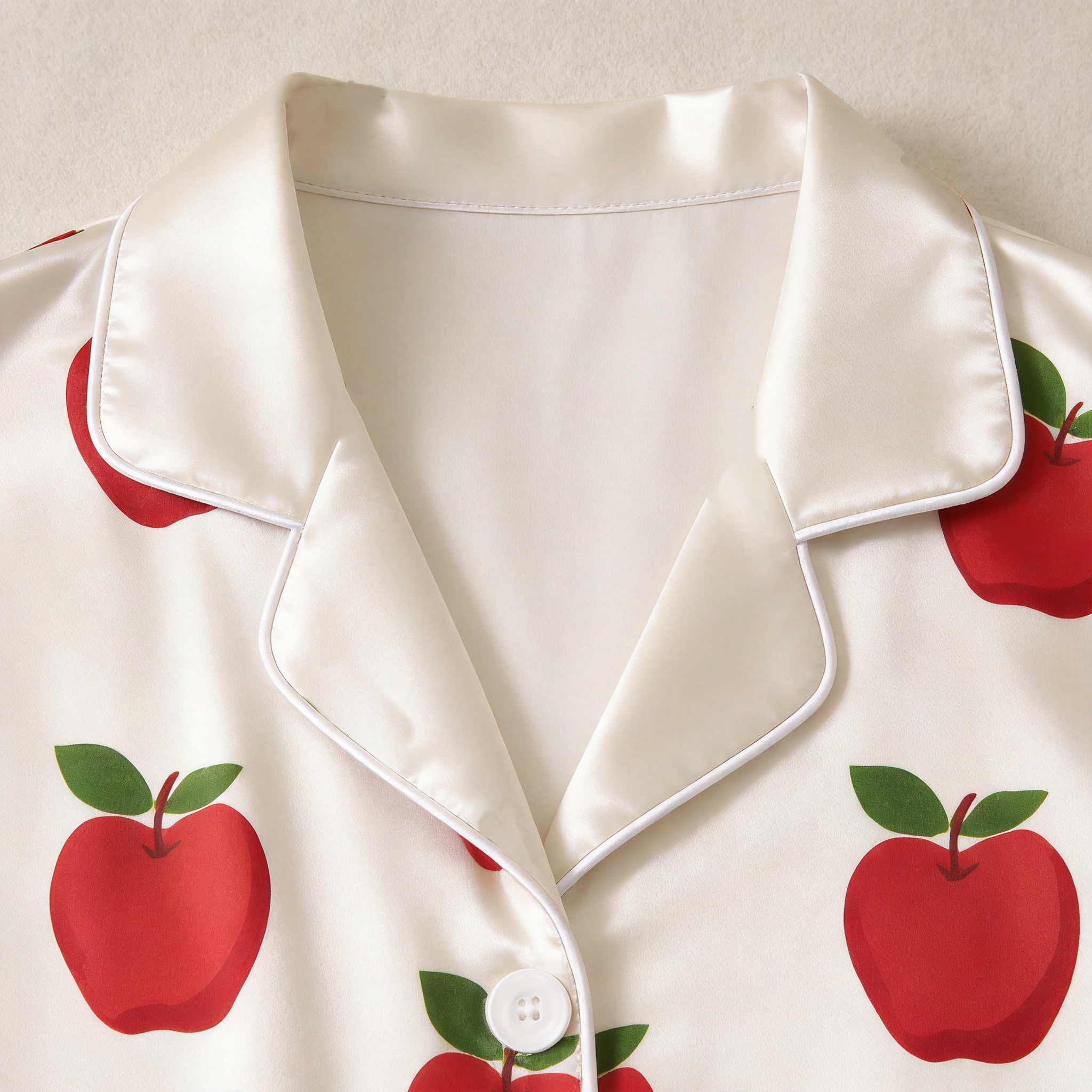 Creamy Red Apple Print Satin Matching Pajamas for Couples – Long Sleeve Button-Down Top & Pants Sleepwear Set