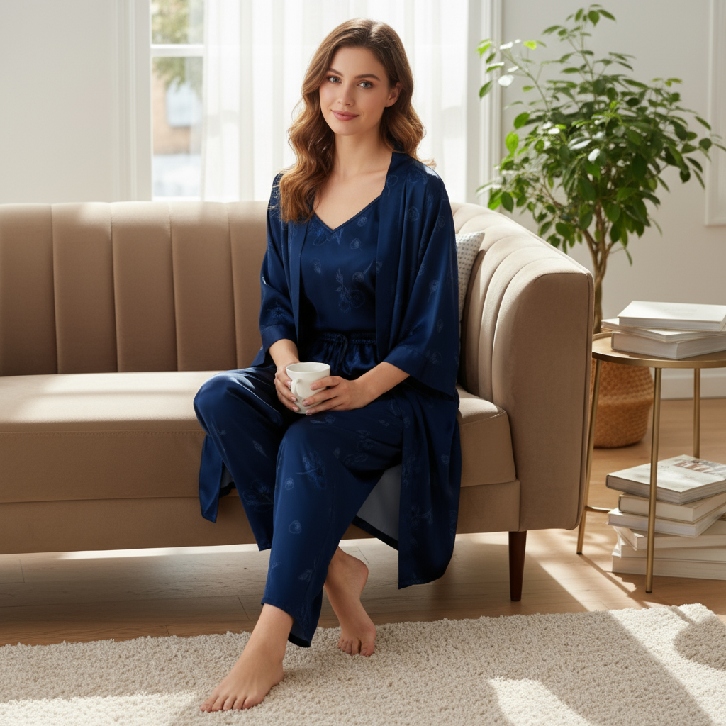 Women's Navy Blue 3-Piece Floral Satin Pajama Set