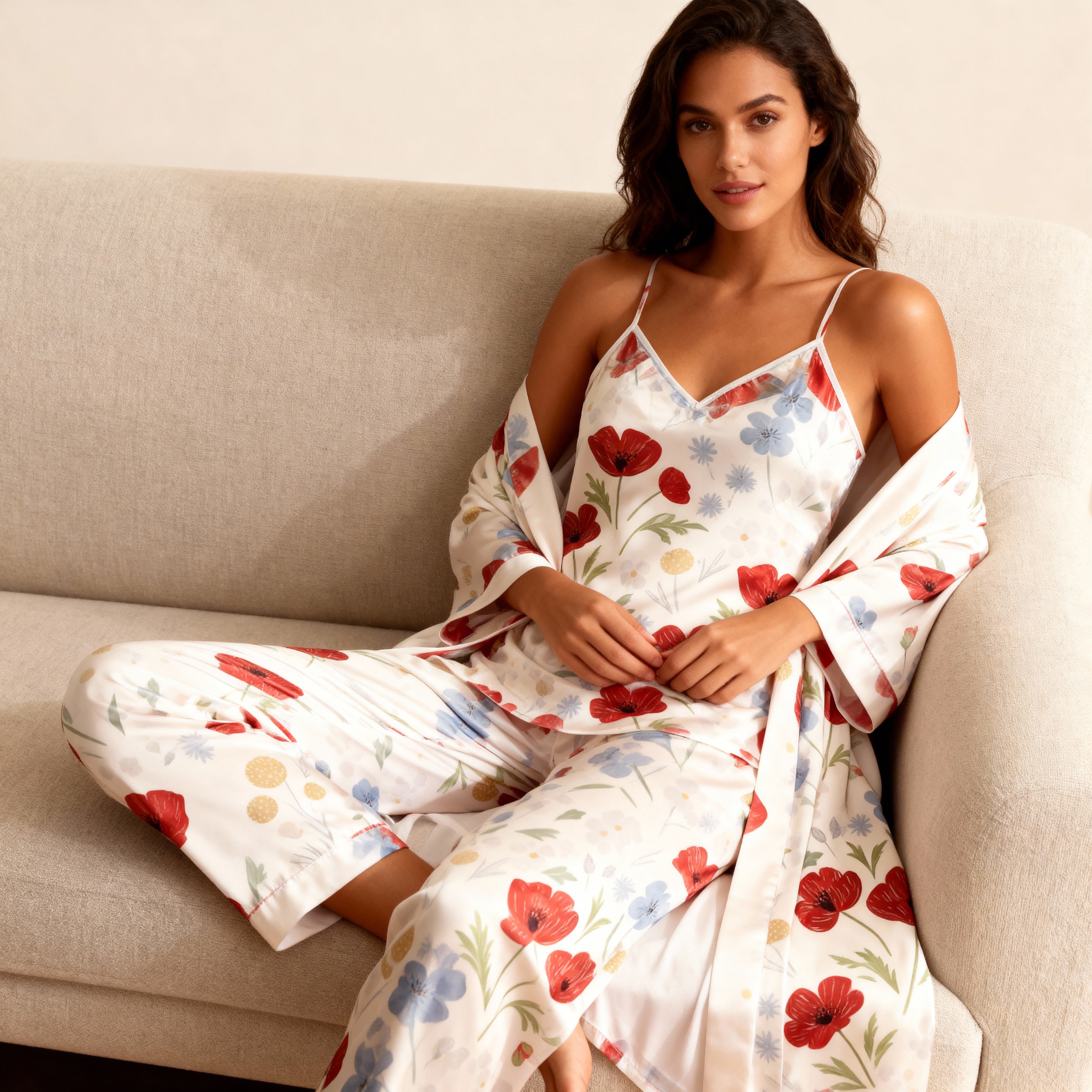 Women's Printed Satin Pajama 3-Piece Set