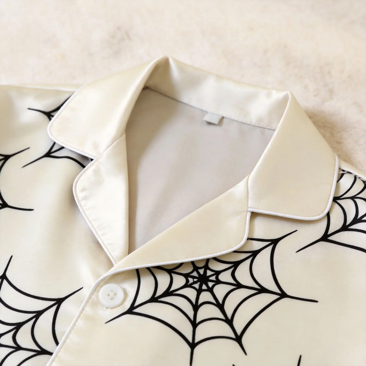 Halloween Spider Web Satin Matching Pajamas for Couples – Long Sleeve Button-Down Top & Pants Sleepwear Set