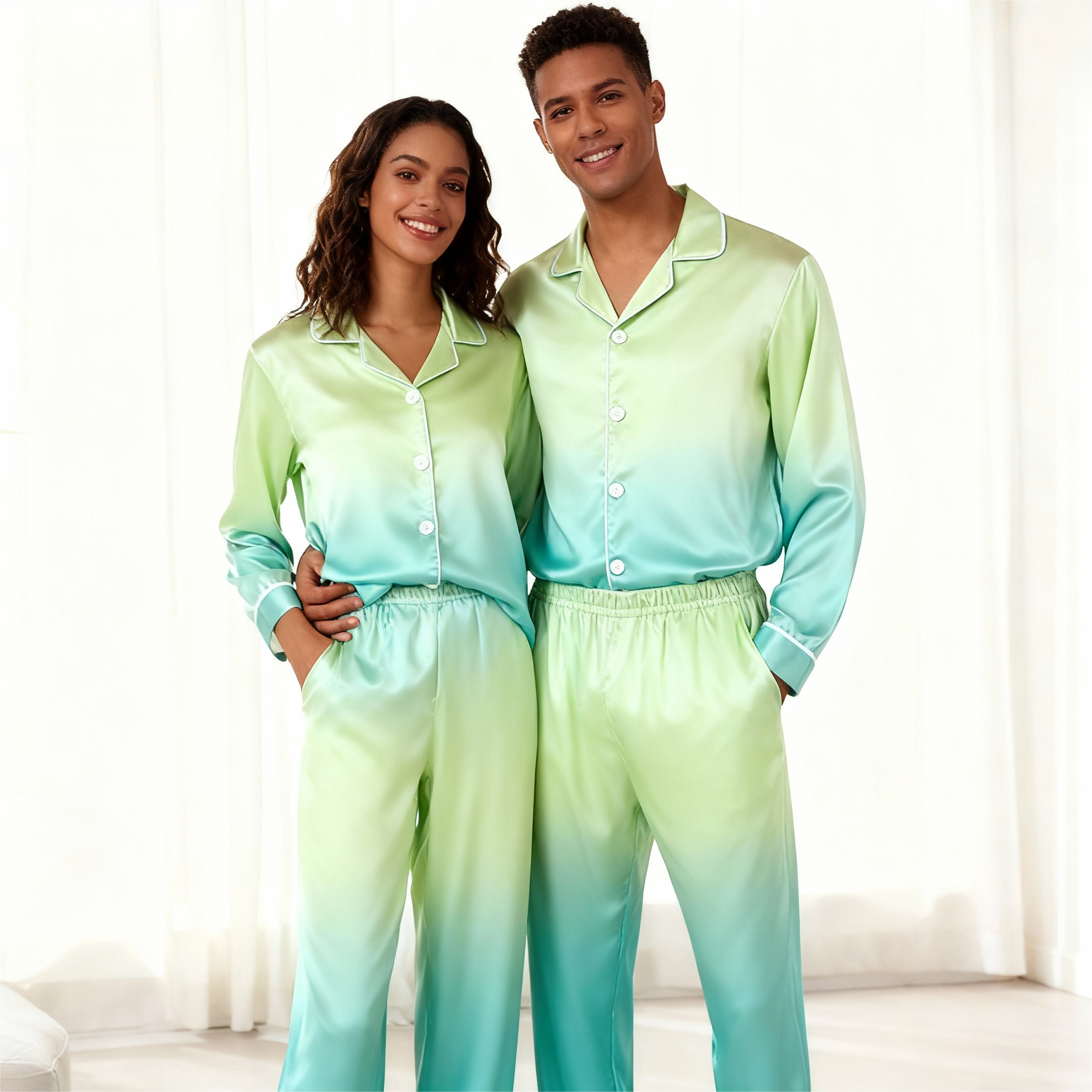 Gradient Color Satin Button-Up Family Christmas Pajamas Set