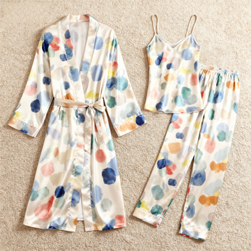 Women's Satin Robe Pajama 3-Piece Set