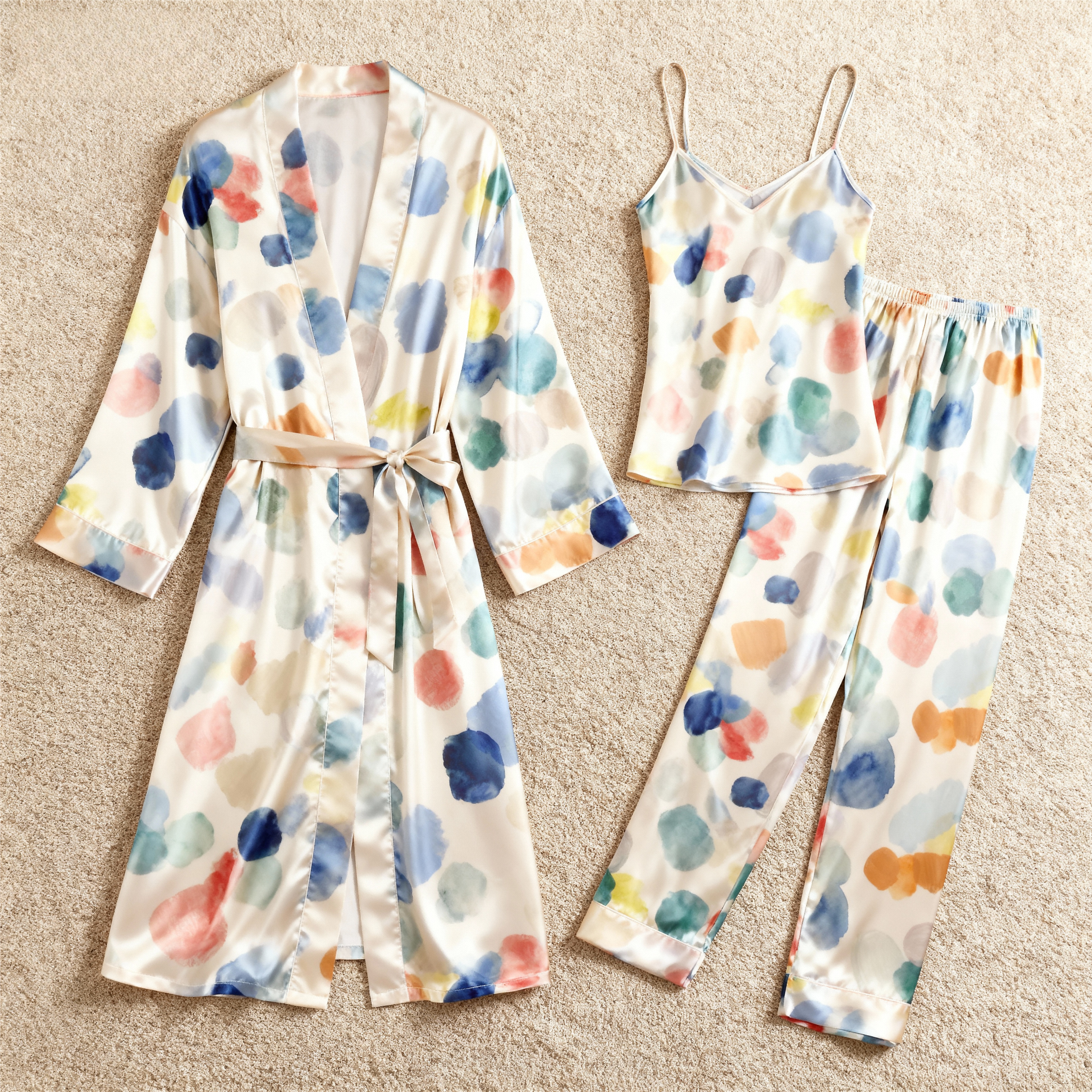 Women's Satin Robe Pajama 3-Piece Set