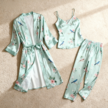 Women's 3-Piece Satin Floral Print Pajama Set