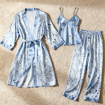 Women's Satin Sleepwear Set-3-Piece Flower Print Pajamas with Robe & Pants