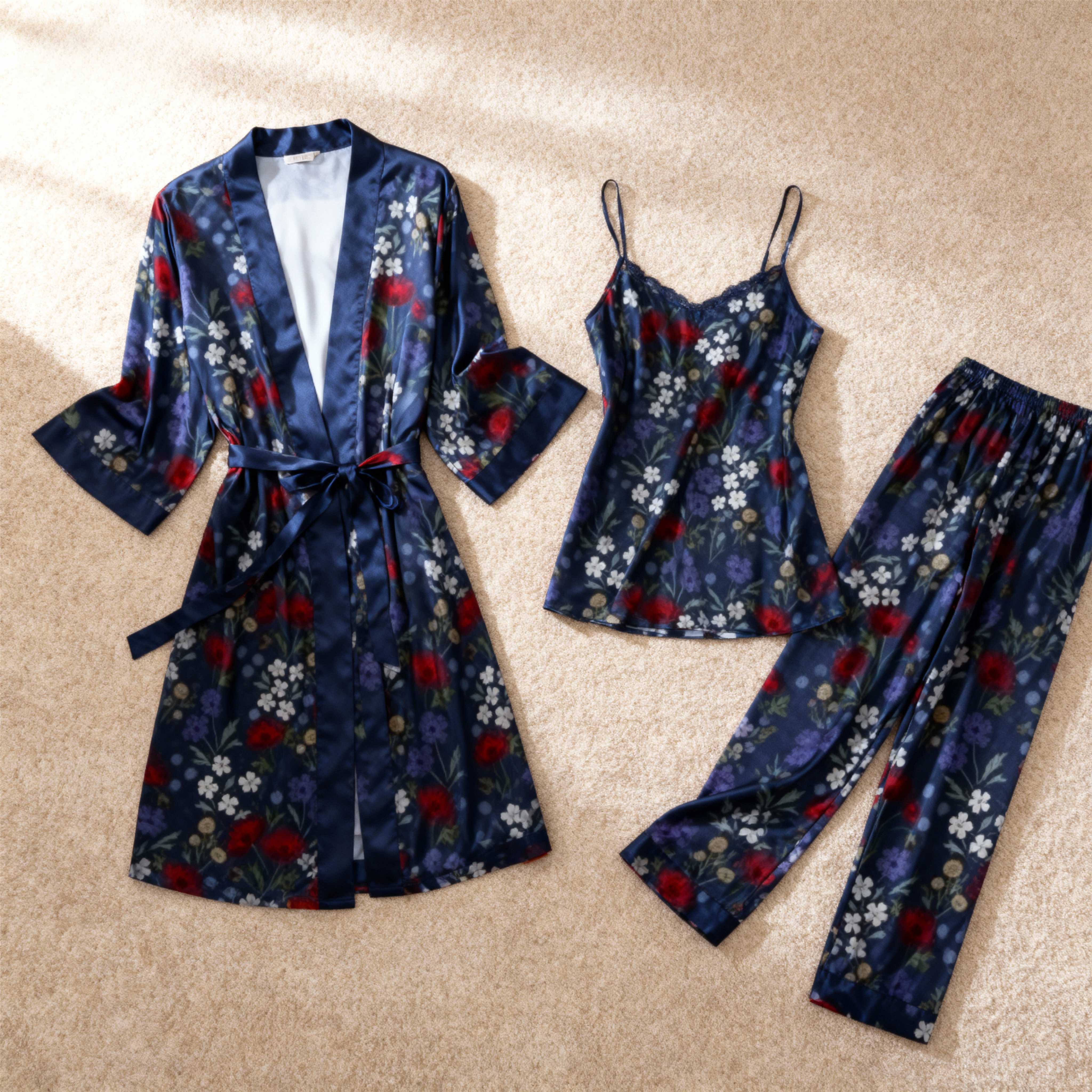 Luxurious 3-Piece Satin Sleepwear-Women's Floral Print Robe, Camisole, and Pants