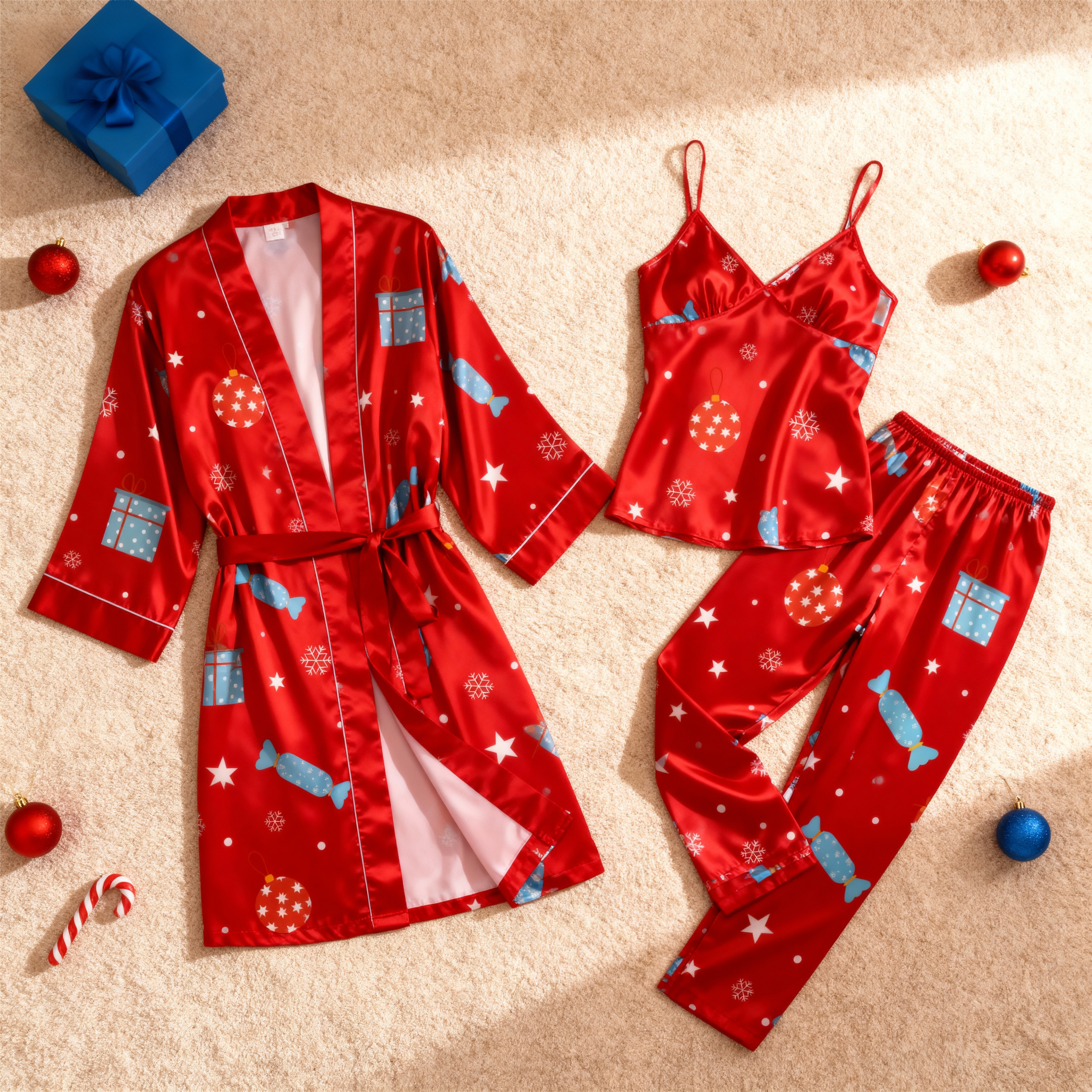 Women Christmas Satin Pajama Set-3-Piece Women's Lounge & Nightwear