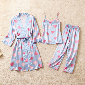 Women's 3-Piece Satin Baby Blue Pajama Set - Heart Print