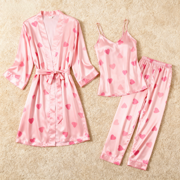 Women's 3-Piece Satin Pink Heart Print Pajama Set