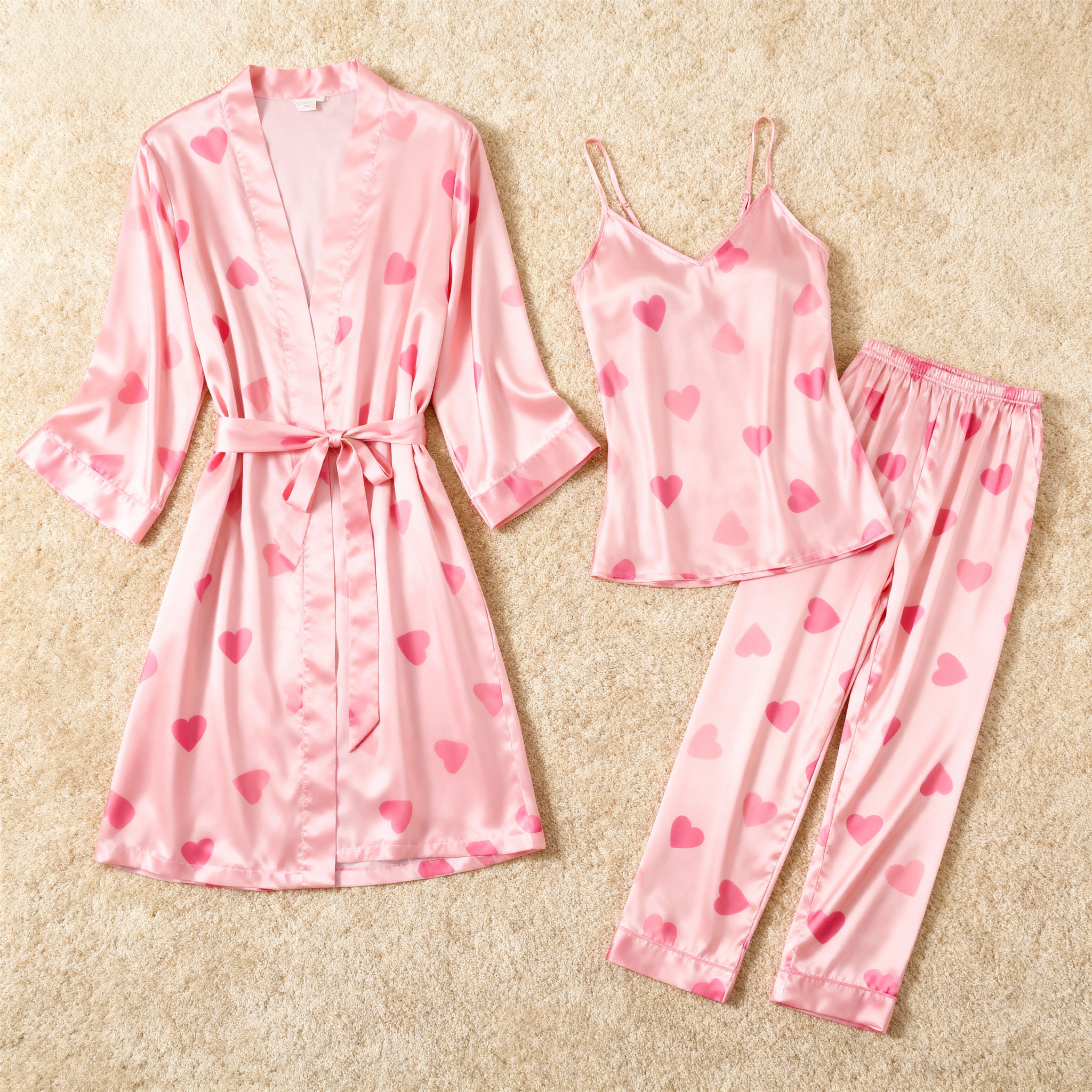 Women's 3-Piece Satin Pink Heart Print Pajama Set