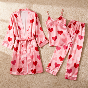 Women's 3-Piece Heart Print Pajamas with Long Robe