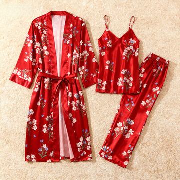 Long Sleeve Floral Robe 3-Piece Red Satin Pajama Set for Women