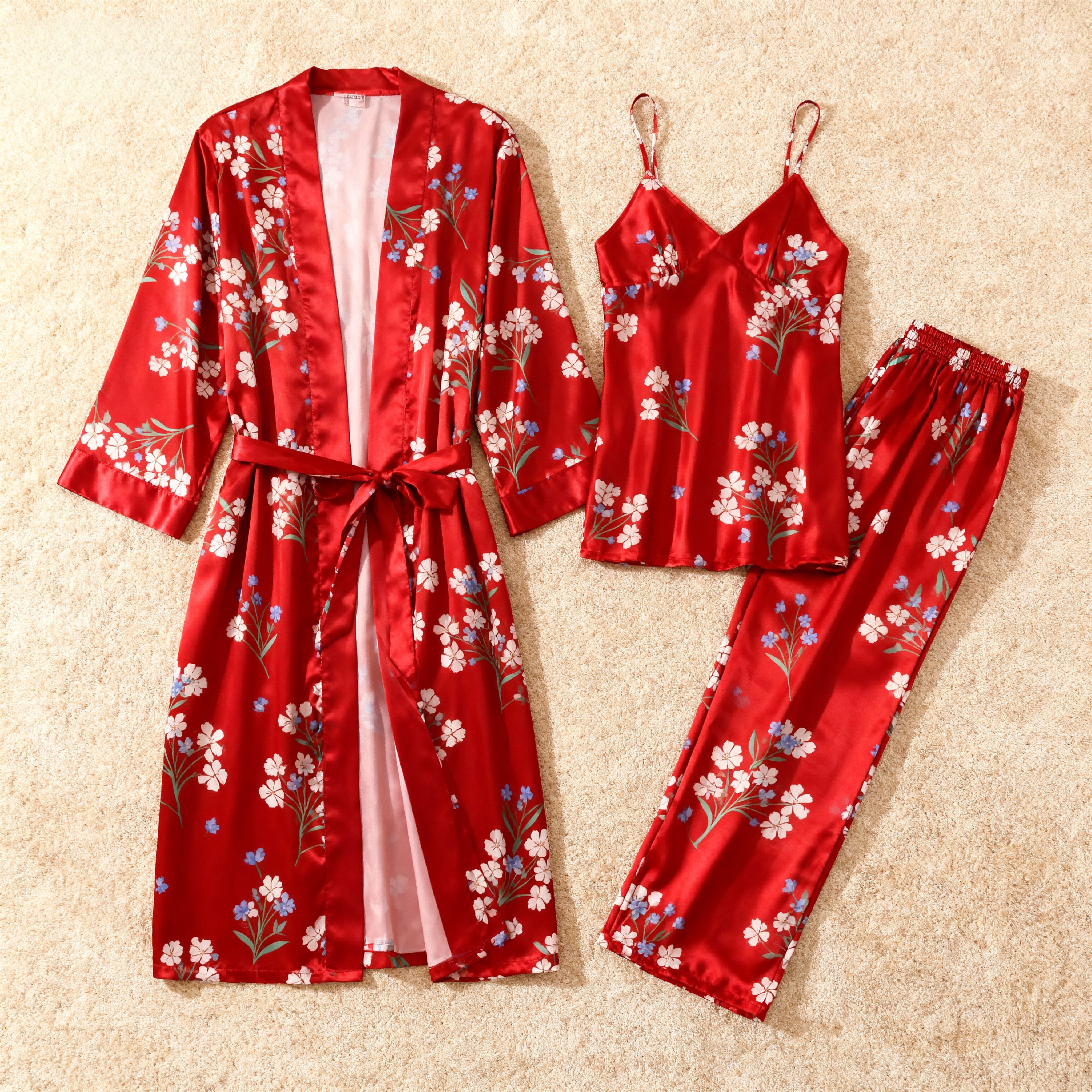 Long Sleeve Floral Robe 3-Piece Red Satin Pajama Set for Women