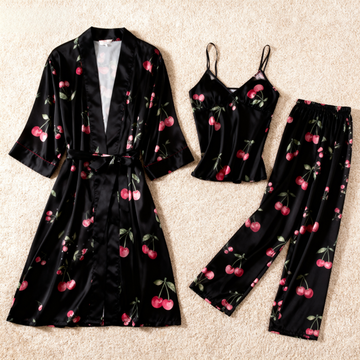 Women's Satin 3-Piece Cherry  Print Pajamas with Long Robe