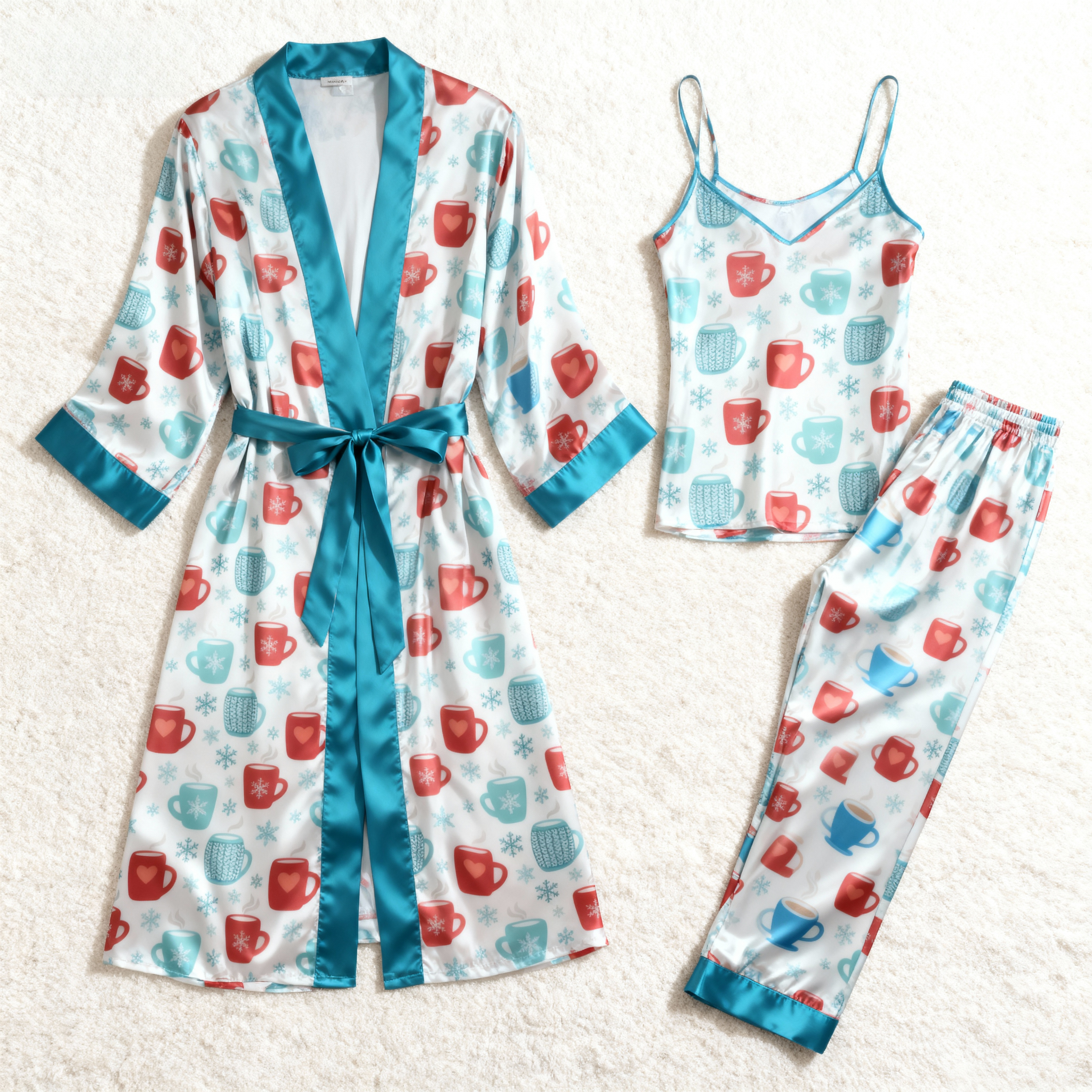 Women's Satin 3-Piece Hot cocoa Print Pajamas with Robe