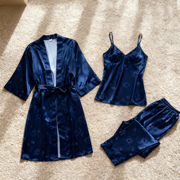 Women's Navy Blue 3-Piece Floral Satin Pajama Set
