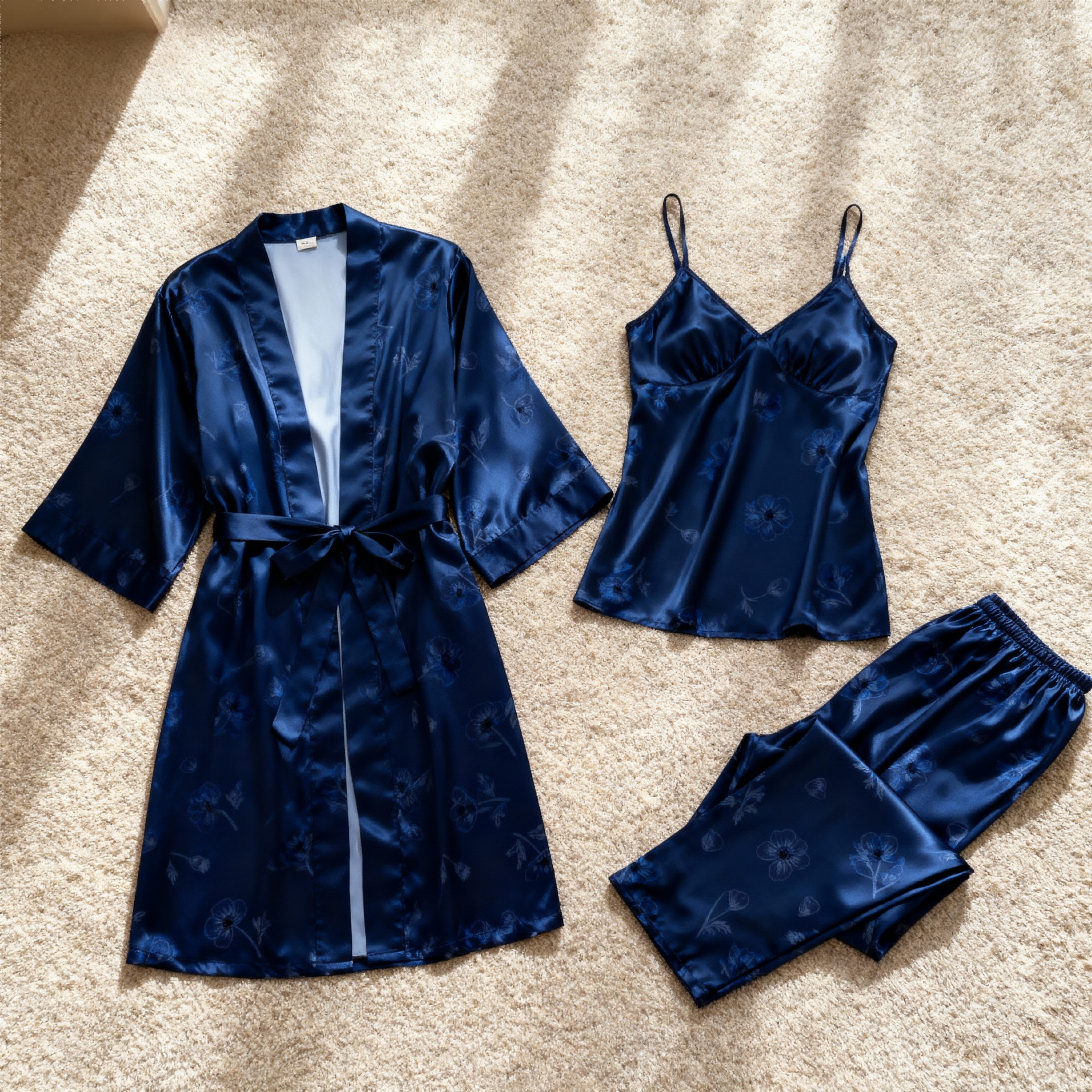 Women's Navy Blue 3-Piece Floral Satin Pajama Set