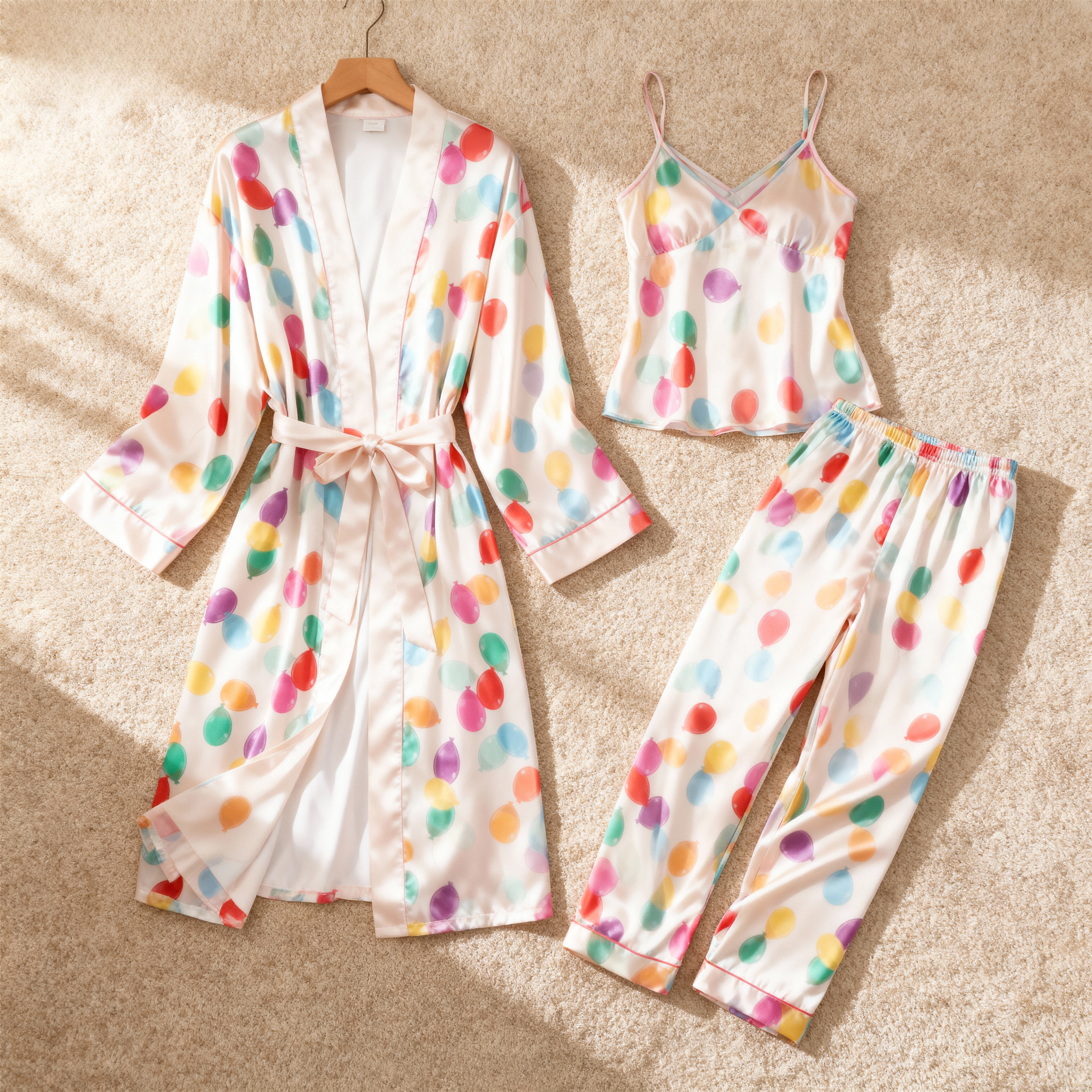 Women's 3-Piece Balloon Print Satin Pajama Set