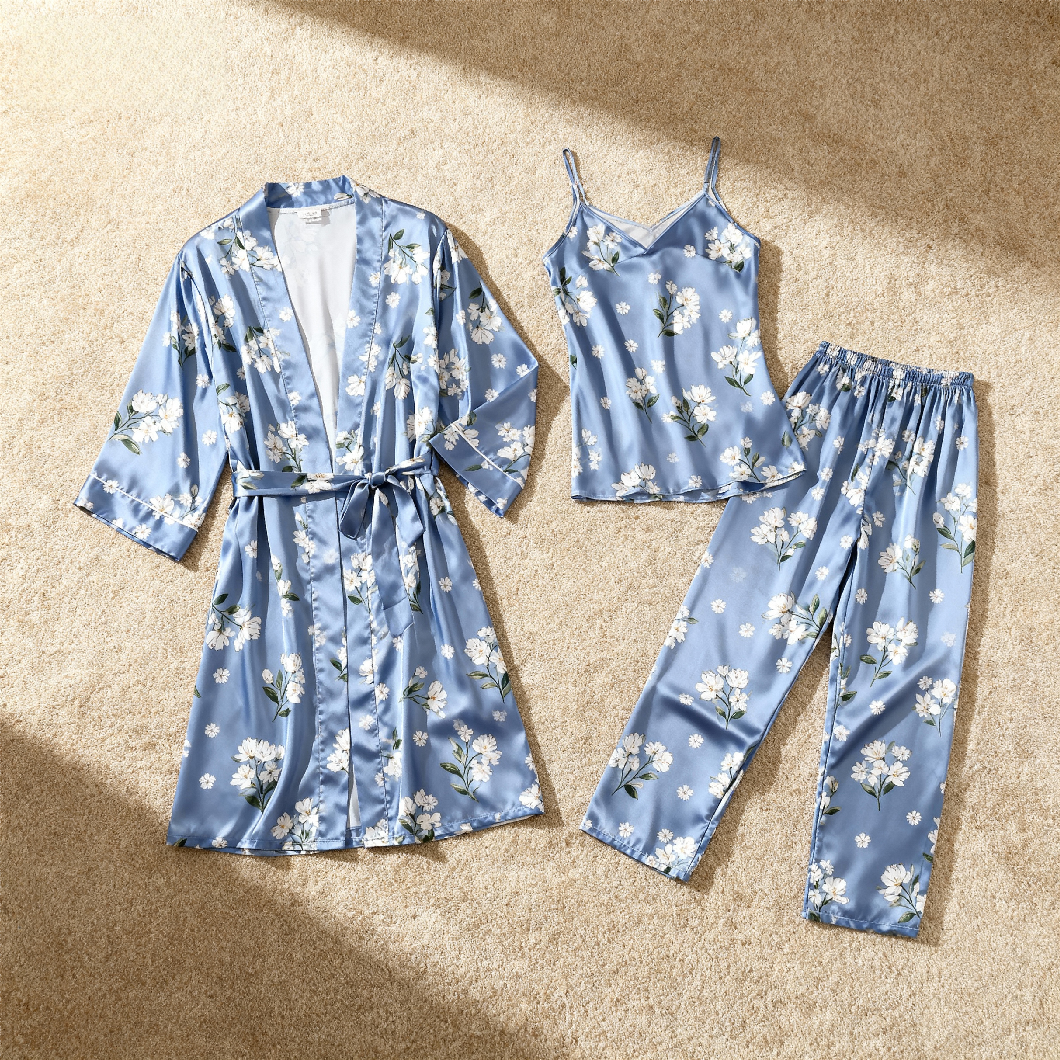 3-Piece Women's Satin Pajamas-Elegant Flower Printed Robe and Nightwear