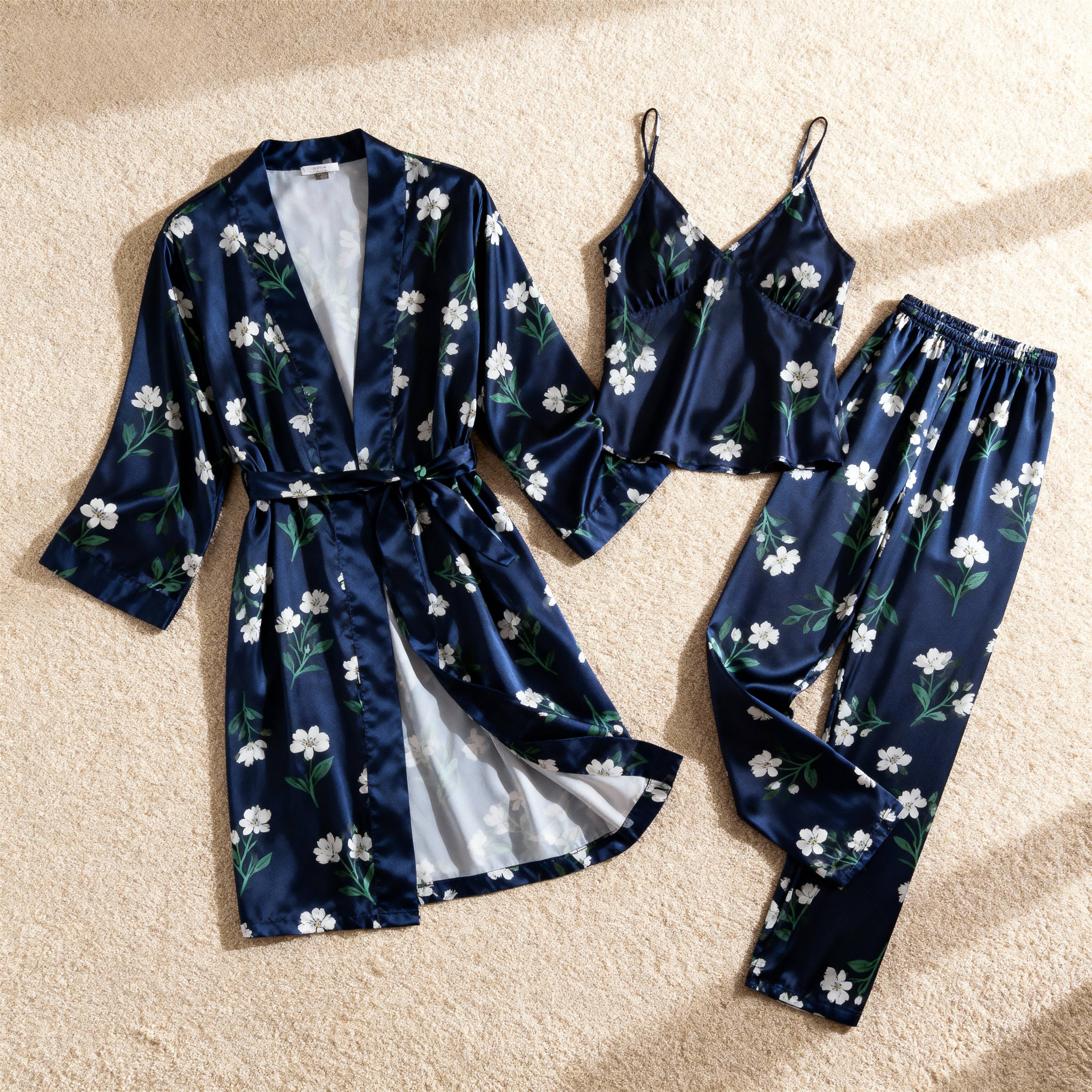 Women's Satin 3-Piece Sleepwear with Robe & Pants