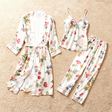 Women's Luxury Satin Pajama Set-3-Piece Flower Design Robe & Lounge Pants