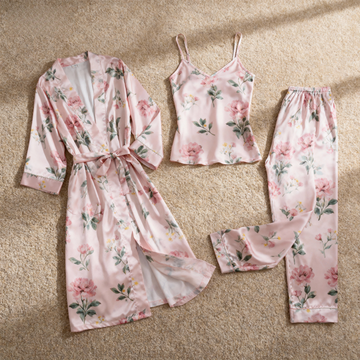 Romantic Floral Satin Pajama Set-Women's 3-Piece Sleepwear