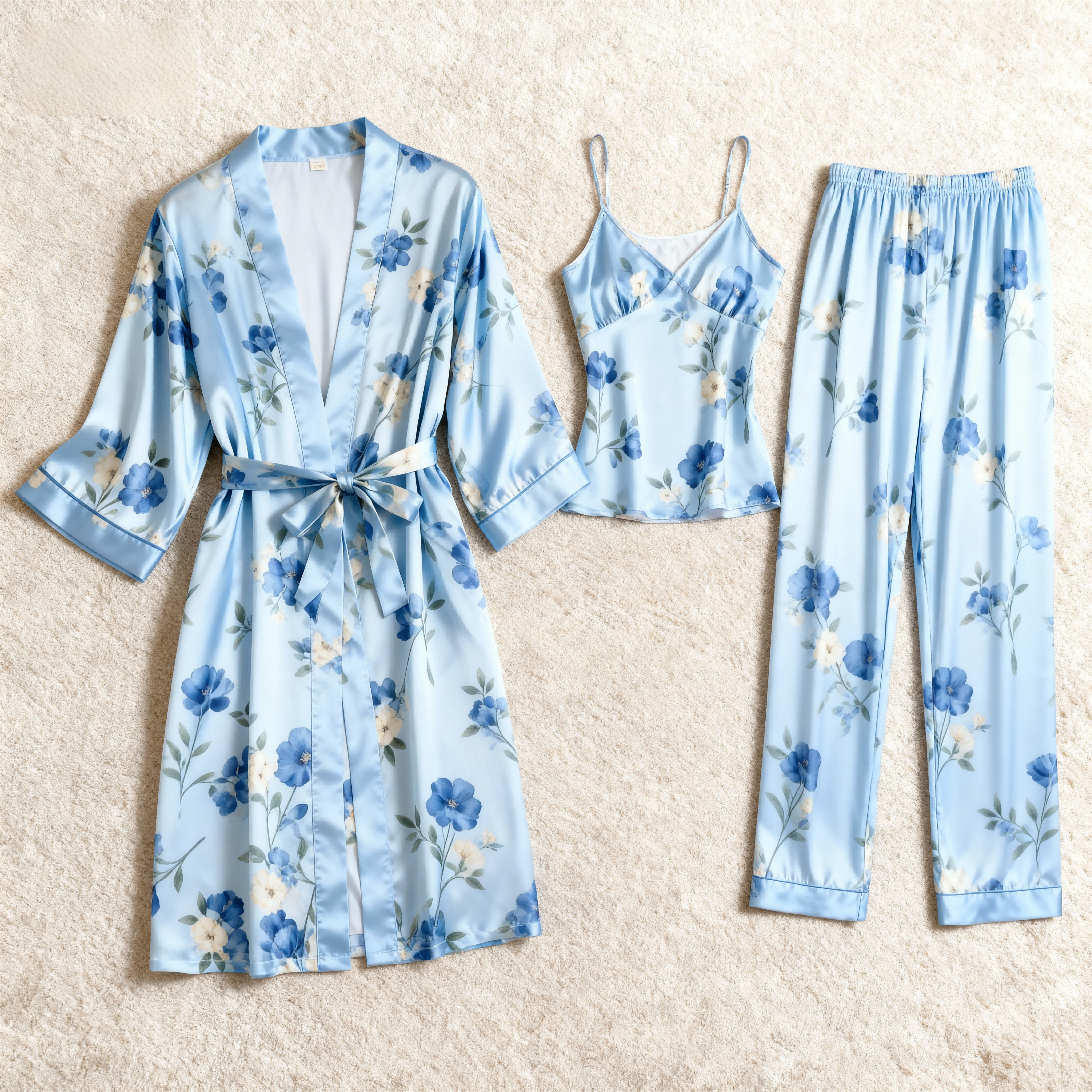 Women's Satin Sleepwear Set-Floral 3-Piece Pajamas with Belted Robe