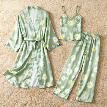 Women's Satin Pajama Set-3 Pieces Floral Print