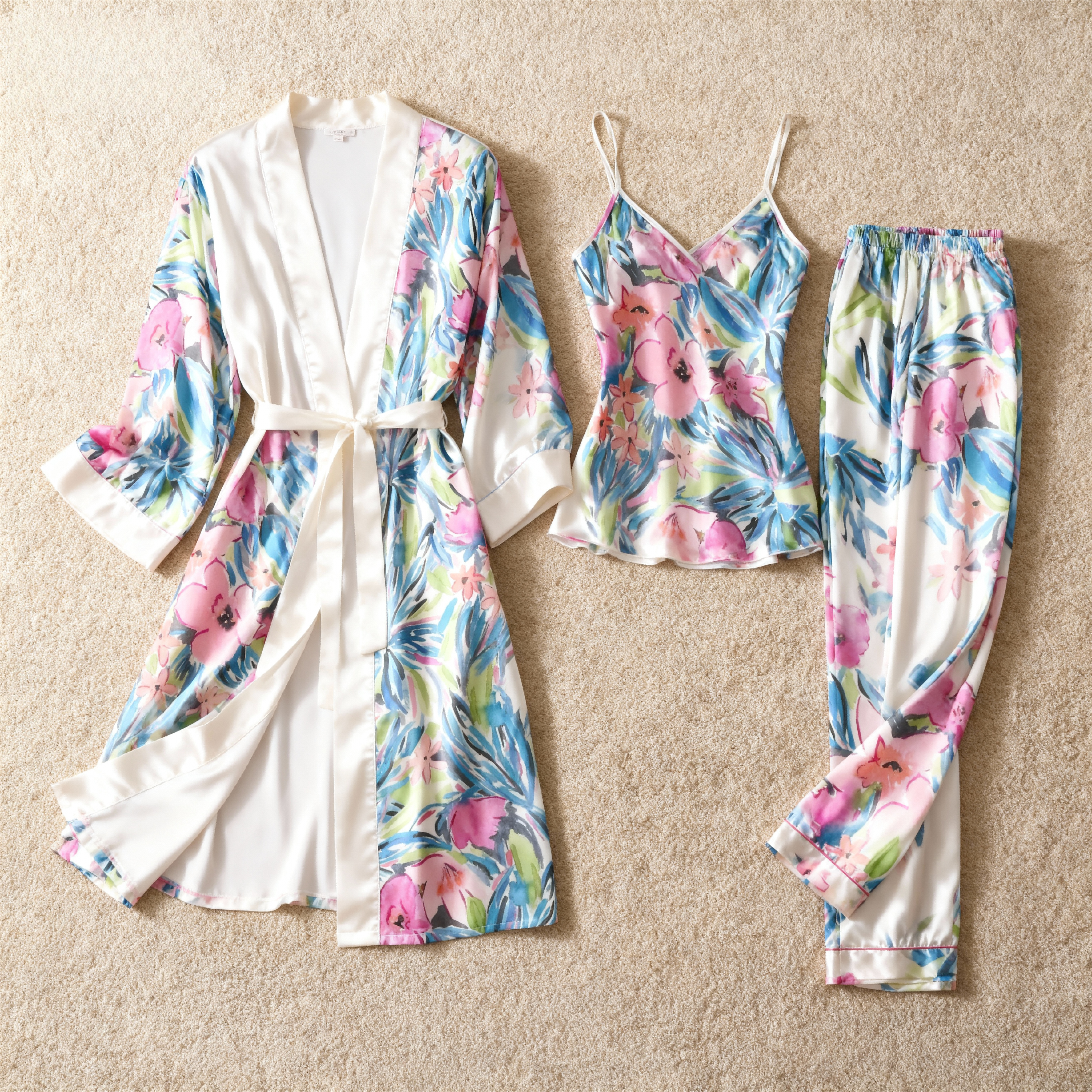 3-Piece Satin Sleepwear Set for Women-Flower Design