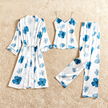 Satin 3-Piece Pajama Set-Elegant Floral Style
