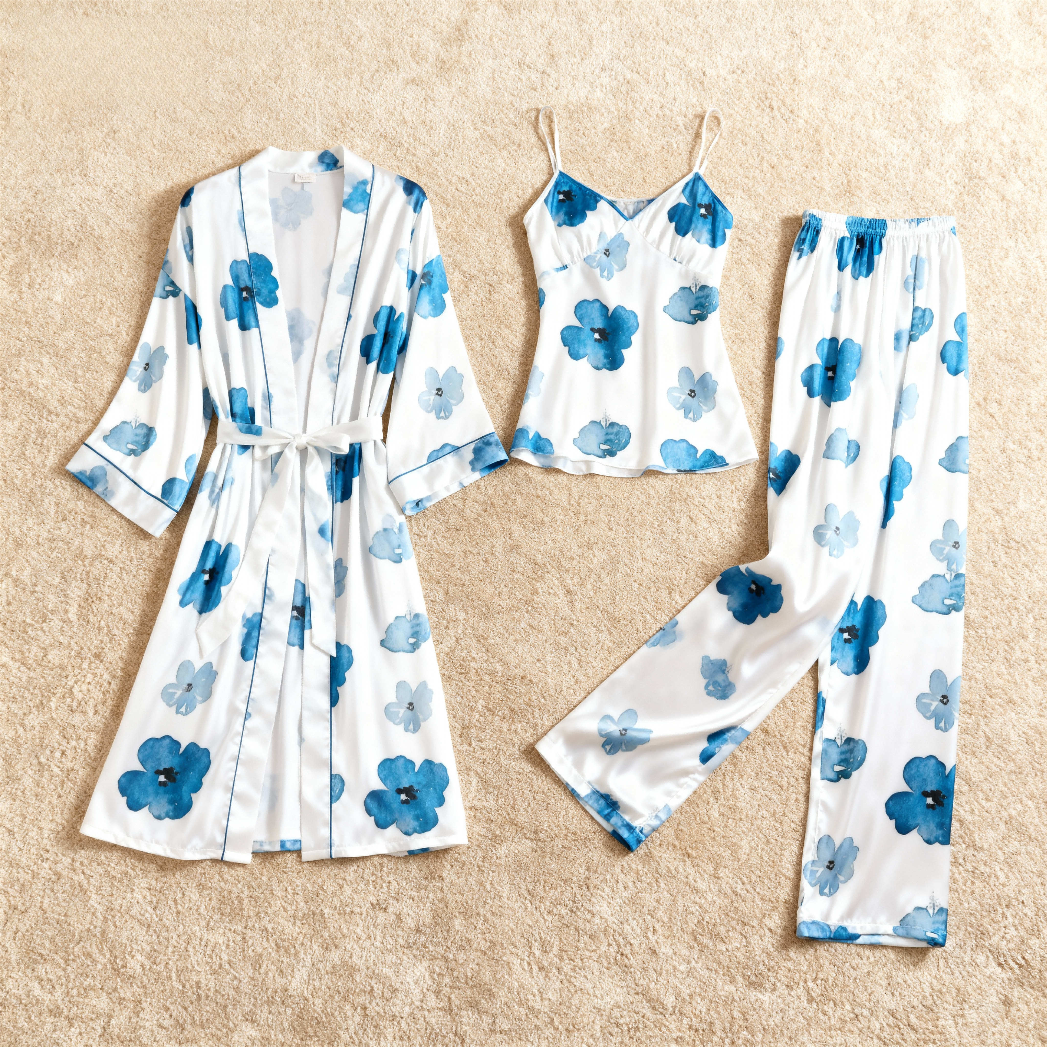 Satin 3-Piece Pajama Set-Elegant Floral Style